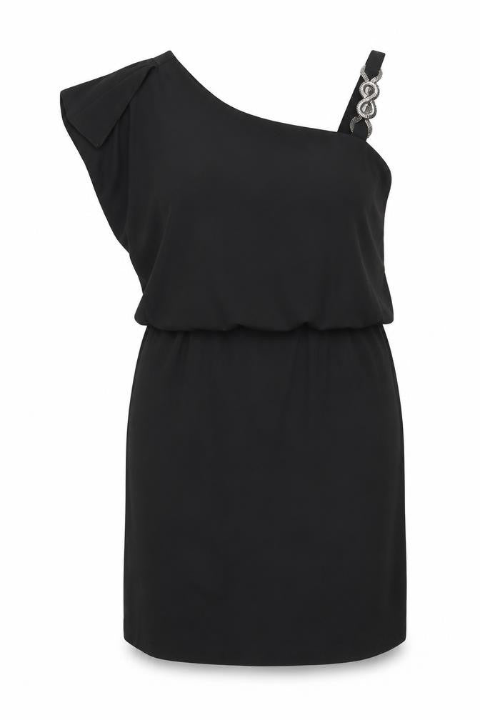 Front view of S.L. Fashions women’s black shift, size UK 14