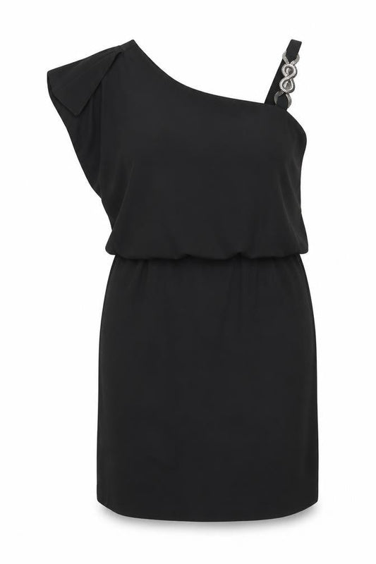Front view of S.L. Fashions women’s black shift, size UK 14