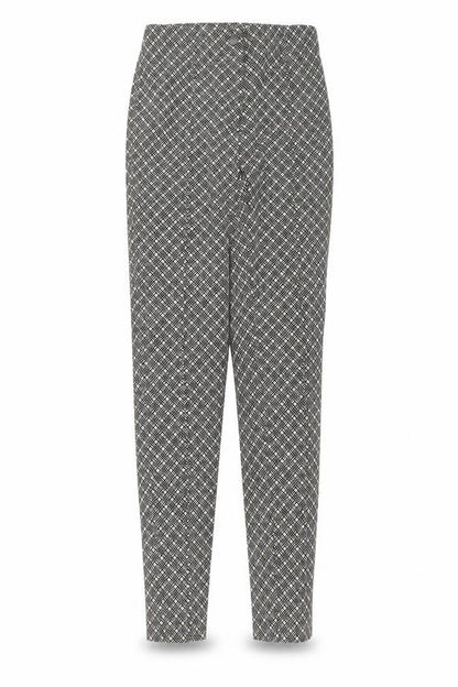 Front view of Primark women’s black geometric trousers, size UK 10, 27-inch leg