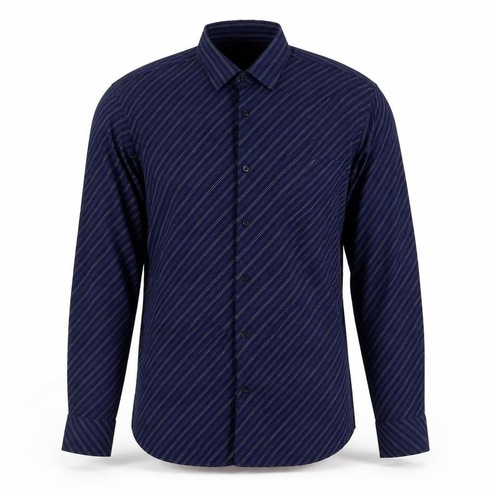 Front view of Burton men’s blue striped dress shirt, size S