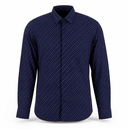 Front view of Burton men’s blue striped dress shirt, size S