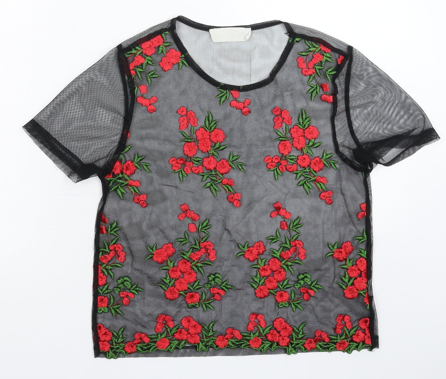 Preworn Womens Black Floral  Basic T-Shirt Size S