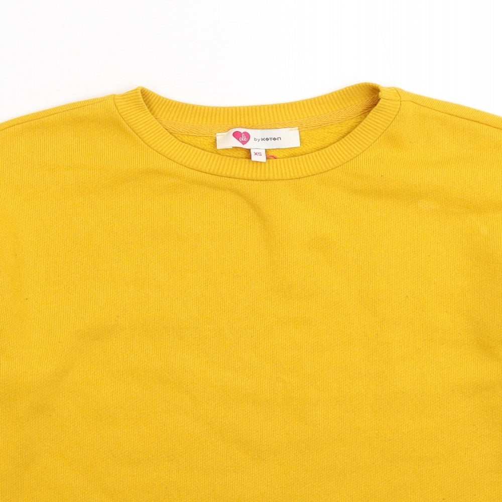 Close-up detail of KOTON women’s yellow pullover sweatshirt, size XS