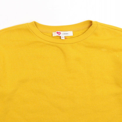 Close-up detail of KOTON women’s yellow pullover sweatshirt, size XS