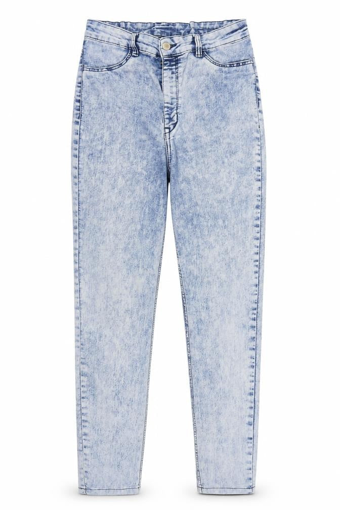 Front view of women’s blue denim mom jeans, size M, 28-inch leg