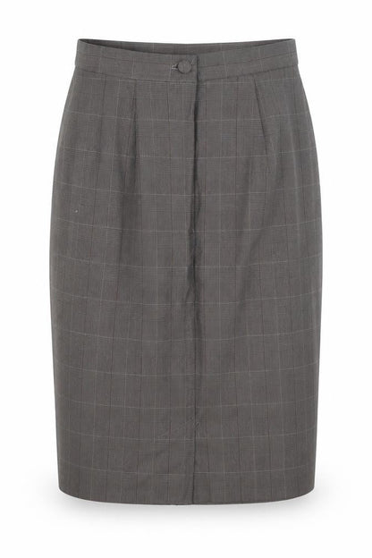 Front view of Preworn women’s grey straight & pencil skirt, size UK 25, in