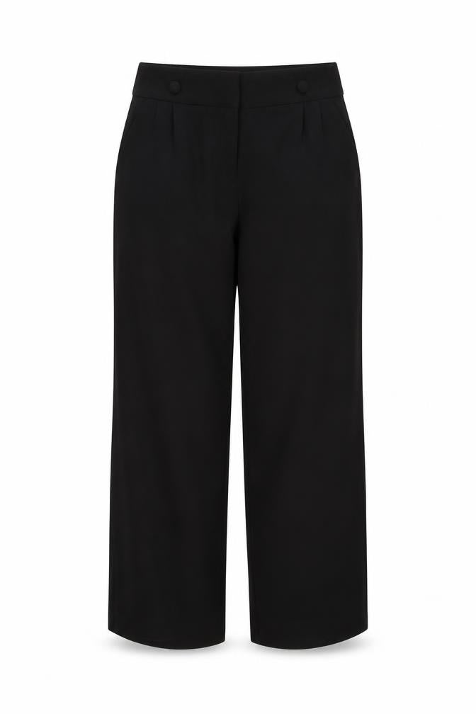 Front view of evie women’s black trousers, size UK 12, 27-inch leg