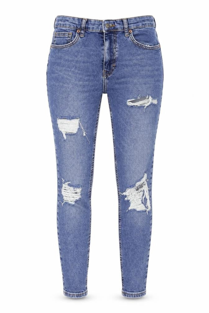 Front view of Topshop women’s blue skinny jeans, size UK 28, in, 30-inch leg