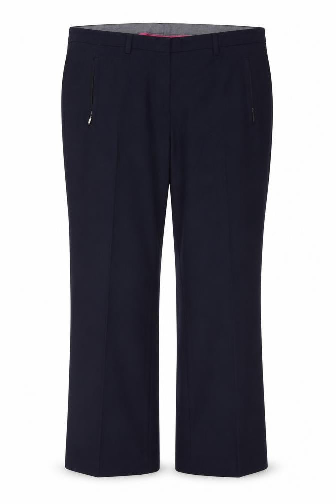 Front view of Marks & Spencer women’s blue trousers, size UK 12, 27-inch leg