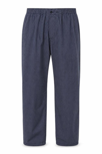 Front view of Debenhams men’s grey striped trousers, size L, 28-inch leg