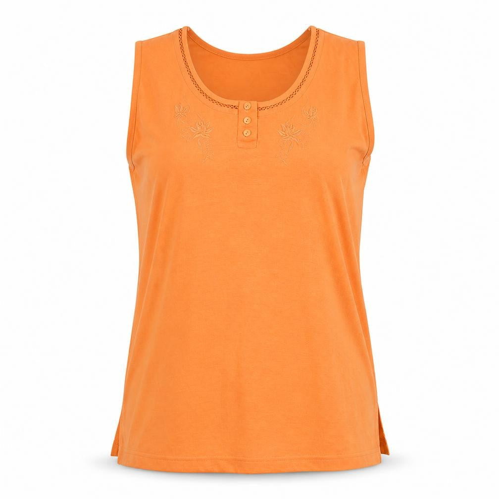Front view of new model women’s orange basic tank, size XL