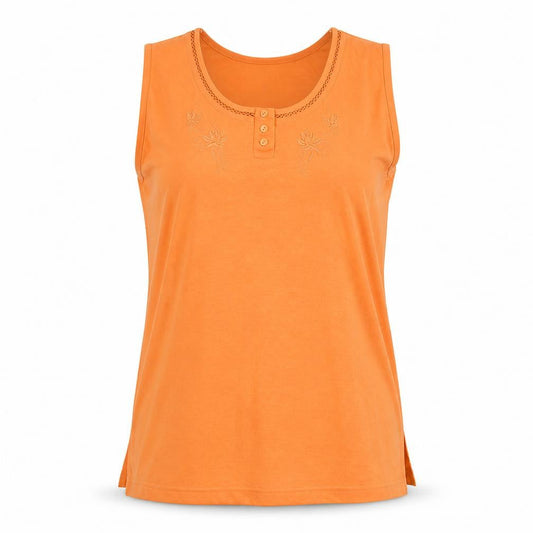Front view of new model women’s orange basic tank, size XL