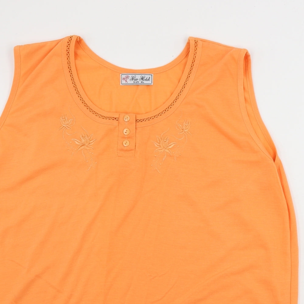 Close-up detail of new model women’s orange basic tank, size XL