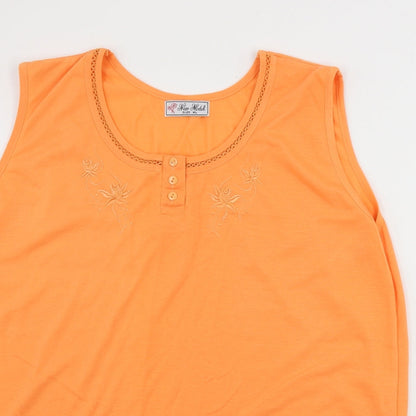 Close-up detail of new model women’s orange basic tank, size XL