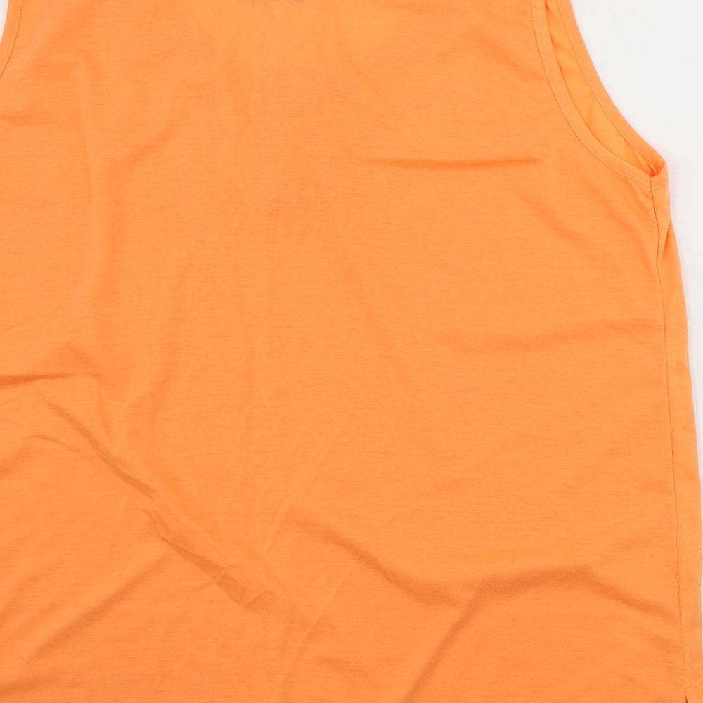 Brand and care label for new model women’s orange basic tank, size XL
