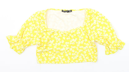 Boohoo Womens Yellow Floral  Basic T-Shirt Size 10