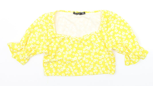 Boohoo Womens Yellow Floral  Basic T-Shirt Size 10