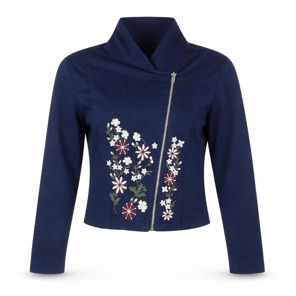 Front view of Beautees women’s blue floral jacket, size UK 8