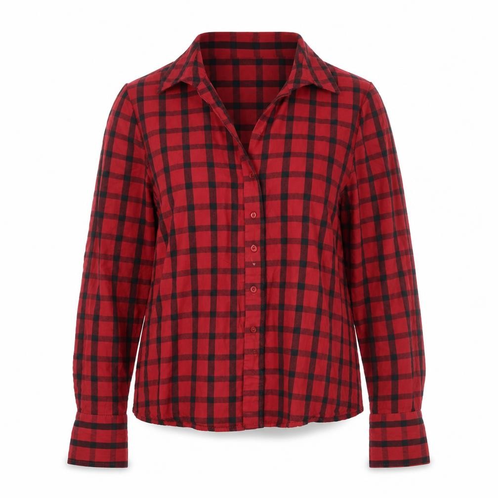 Front view of Harve Benard women’s red check basic button-up, size L