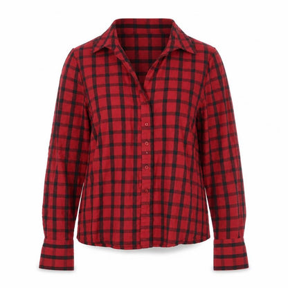 Front view of Harve Benard women’s red check basic button-up, size L