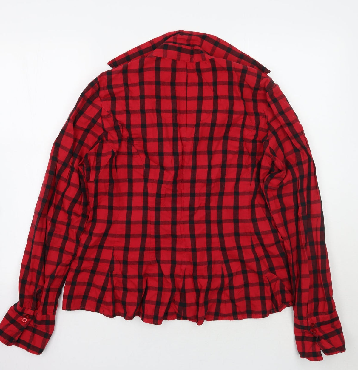 Back view of Harve Benard women’s red check basic button-up, size L