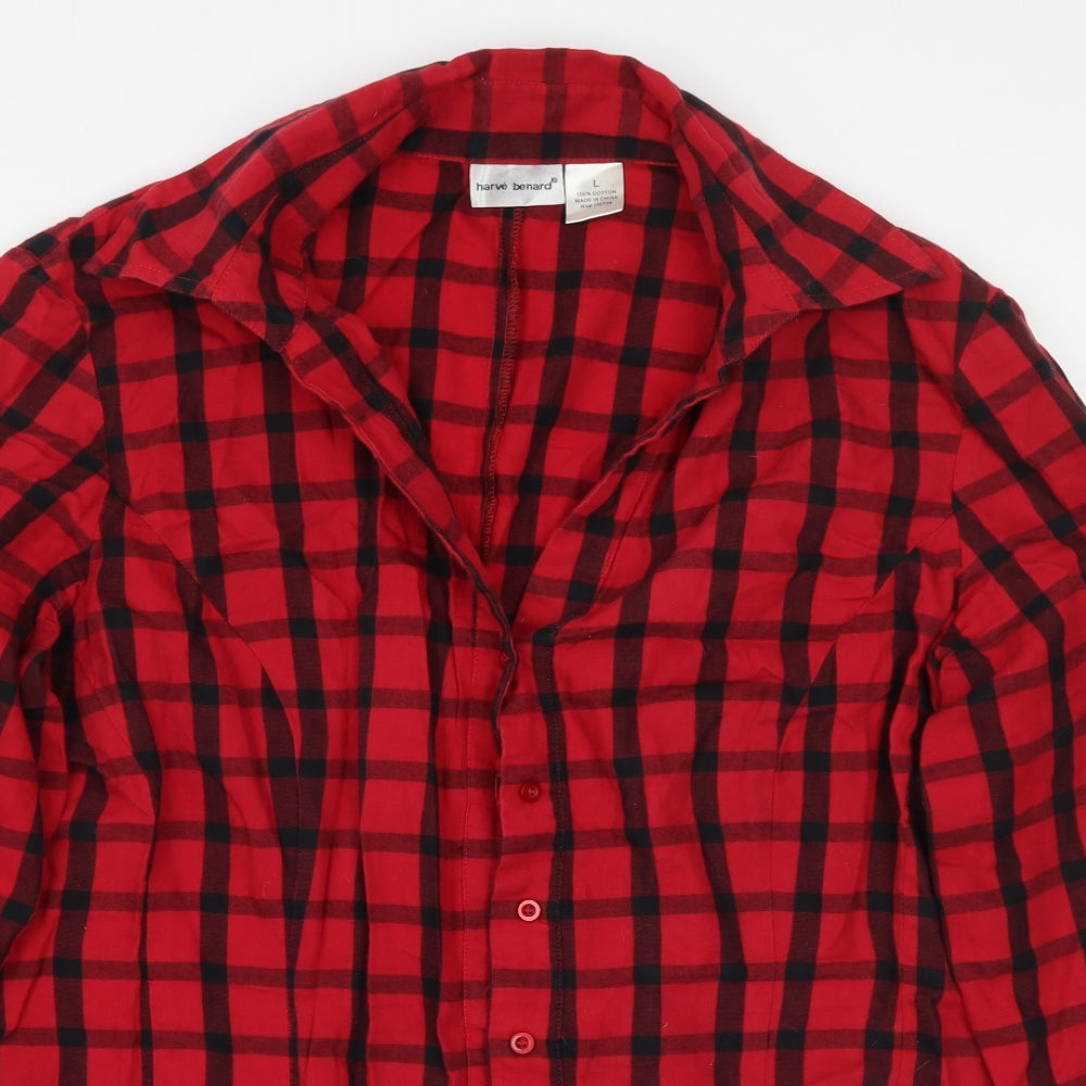 Close-up detail of Harve Benard women’s red check basic button-up, size L