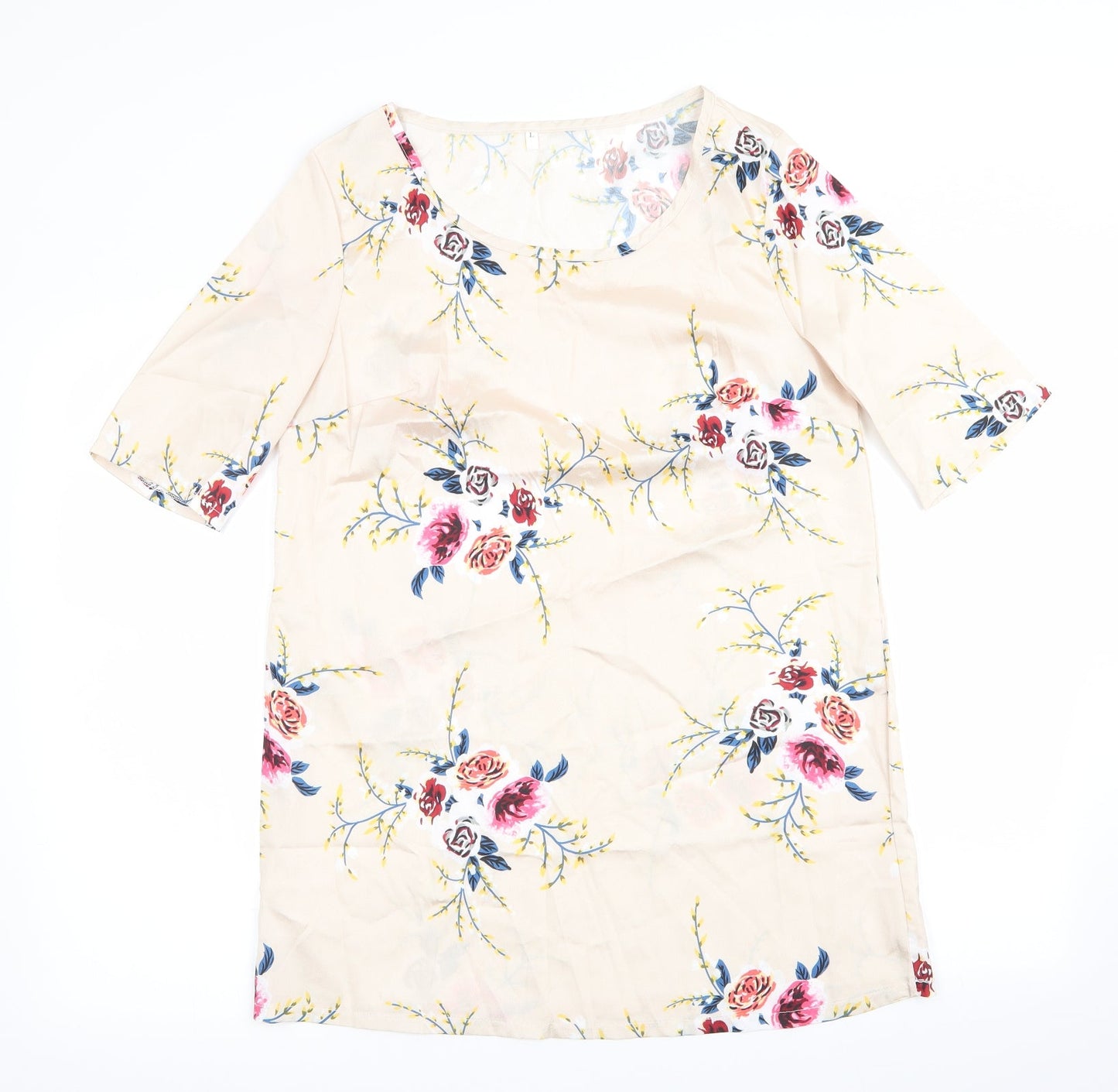 Preworn Womens Ivory Floral  A-Line  Size L  - Satin feel red flowers