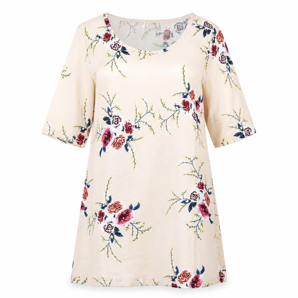 Front view of women’s ivory floral a-line, size L, - satin feel red flowers