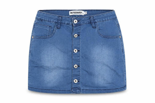 Front view of The Rockn Rev women’s blue denim mini skirt, size UK 10