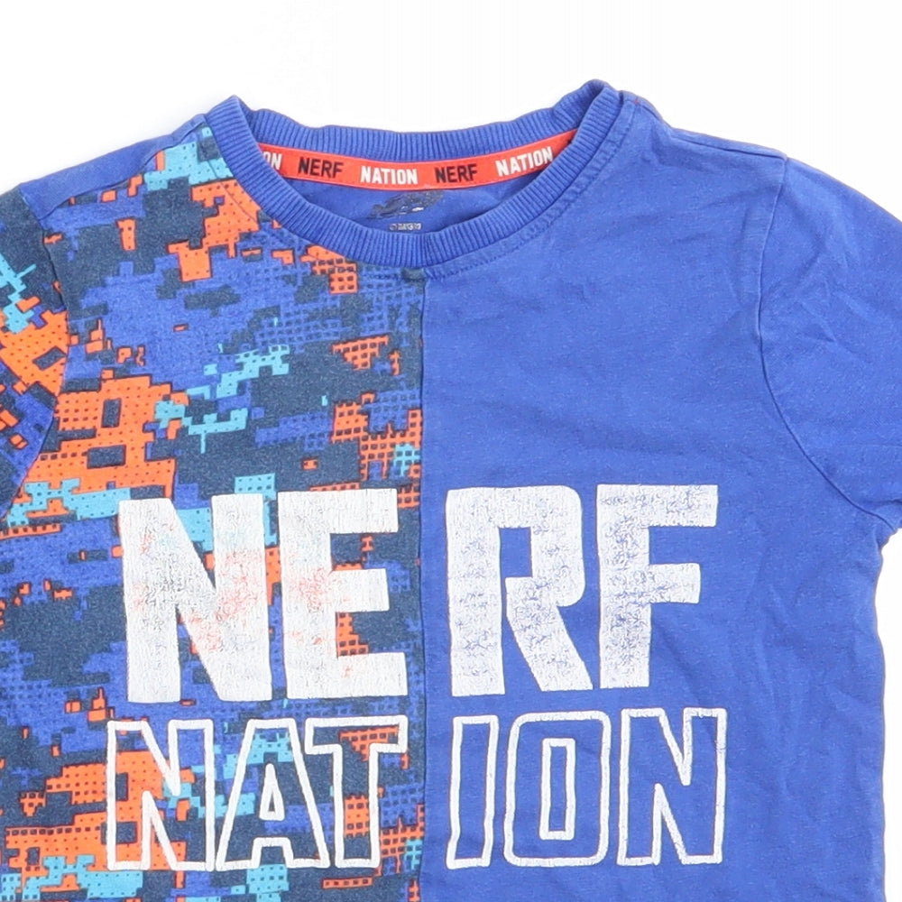 Close-up detail of Nerf Nation boys’ blue basic t-shirt, size 4-5, years