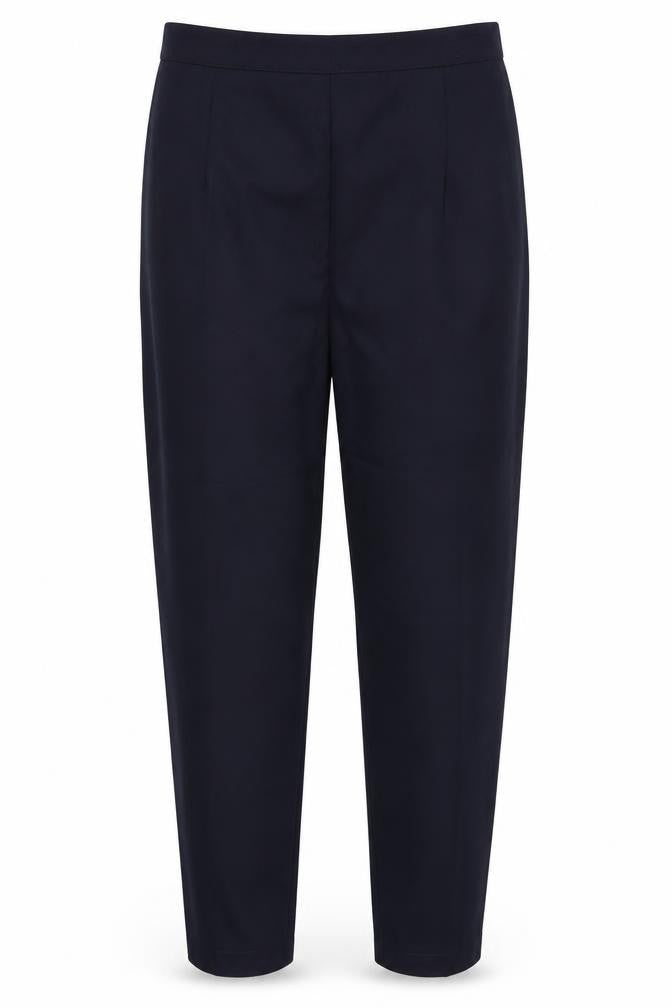 Front view of Femme Collection women’s blue trousers, size UK 30, 28-inch leg - back elastication