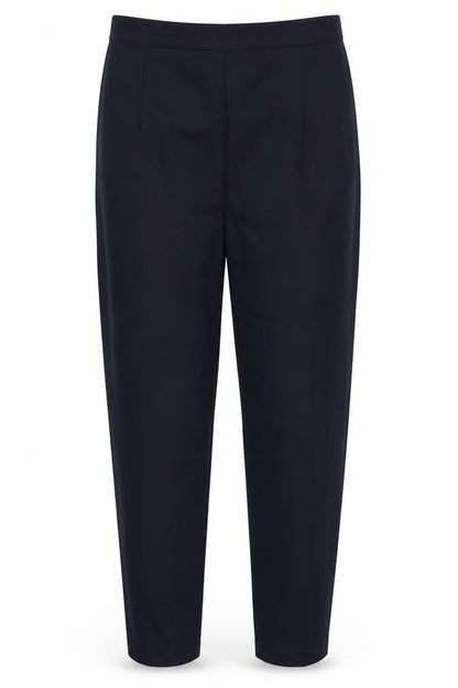 Front view of Femme Collection women’s blue trousers, size UK 30, 28-inch leg - back elastication