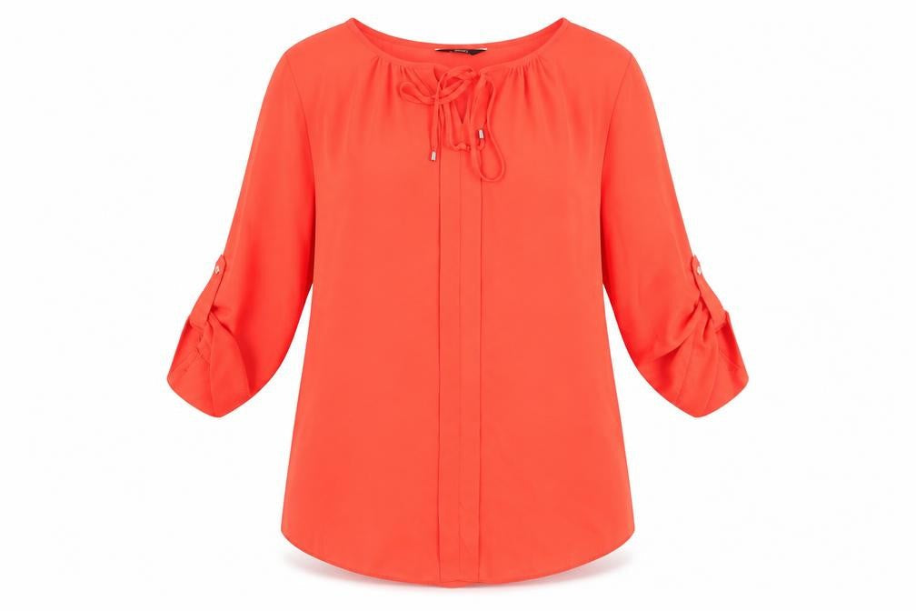 Front view of F&F women’s orange tunic blouse, size UK 12, - tie front fastening