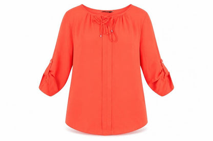 Front view of F&F women’s orange tunic blouse, size UK 12, - tie front fastening