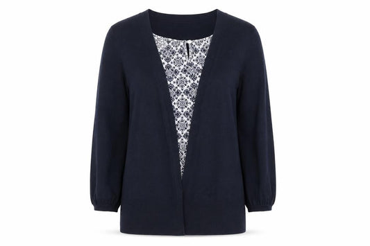 Front view of RJR.John Rocha women’s blue argyle/diamond cardigan jumper, size UK 12