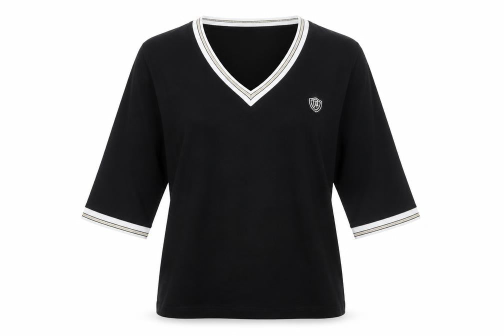 Front view of INVT women’s black basic t-shirt, size S