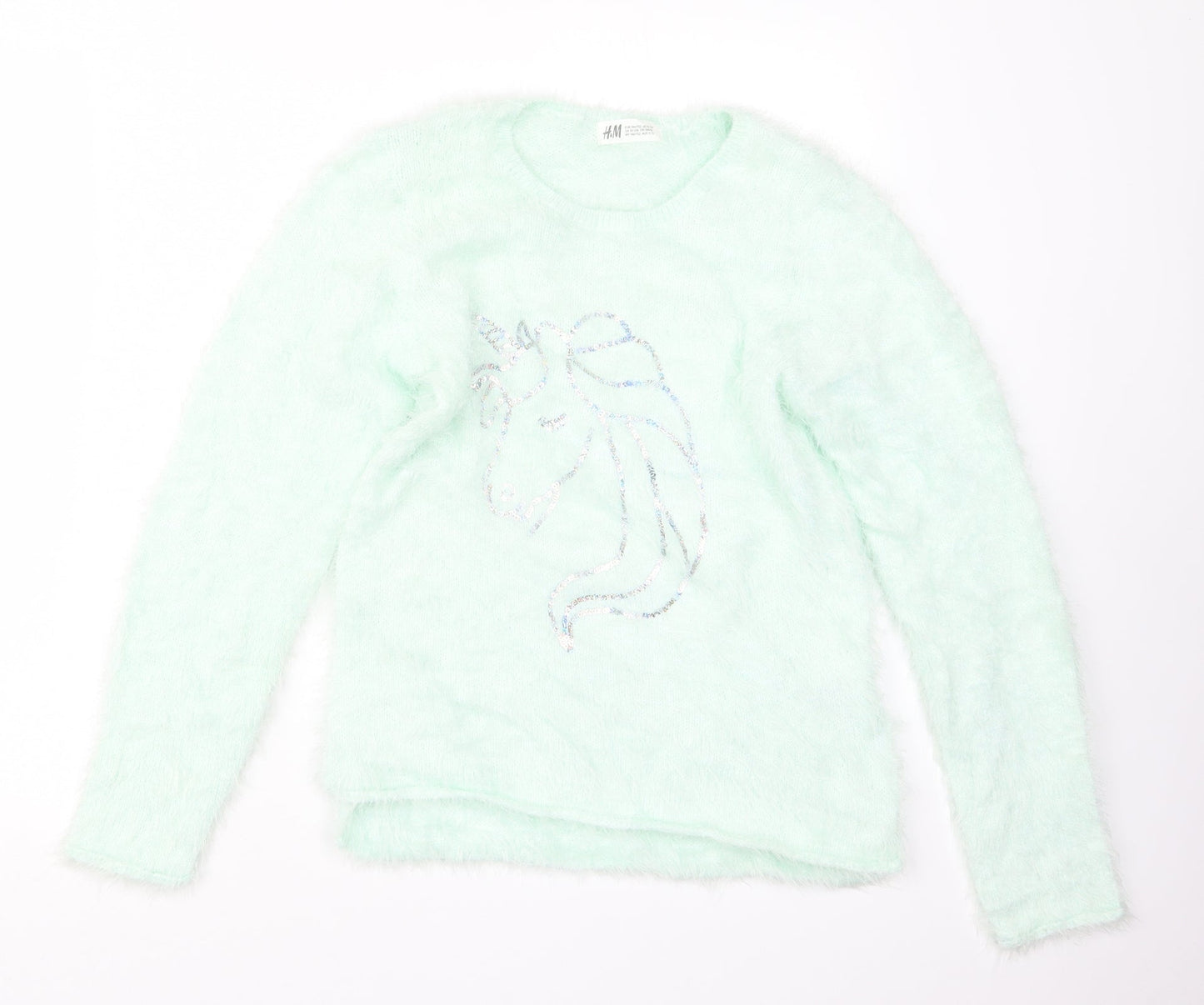 H&M Girls Green  Knit Pullover Jumper Size 11-12 Years  - Unicorn