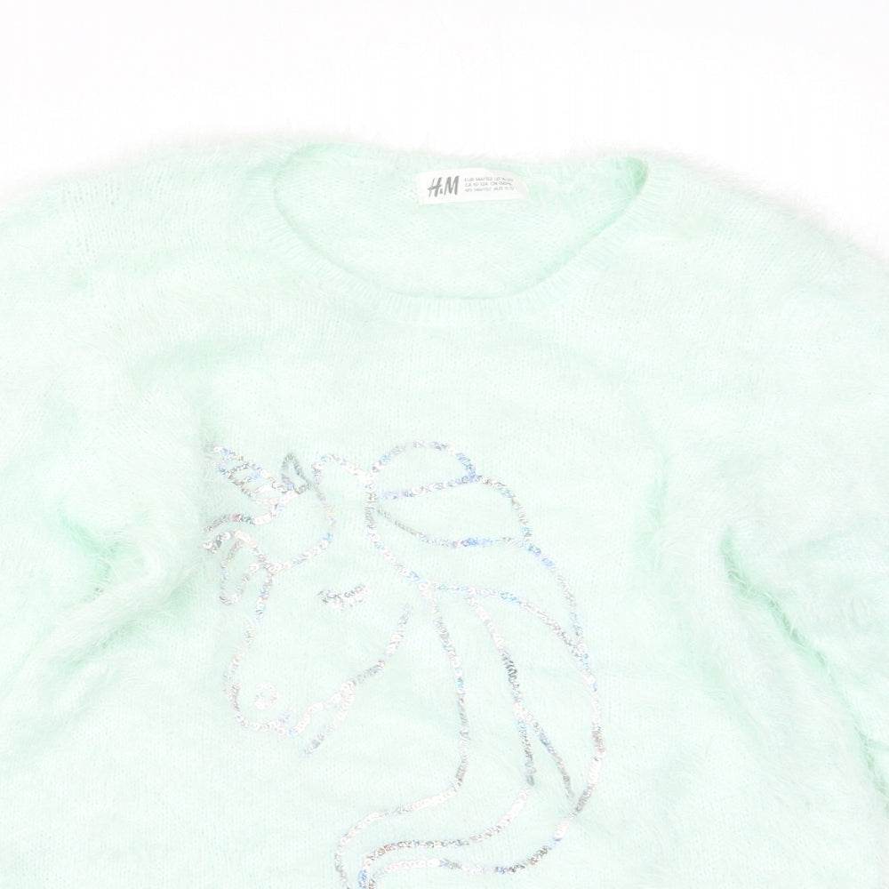 H&M Girls Green  Knit Pullover Jumper Size 11-12 Years  - Unicorn