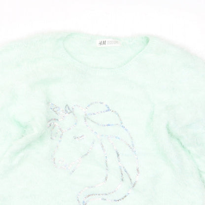 H&M Girls Green  Knit Pullover Jumper Size 11-12 Years  - Unicorn