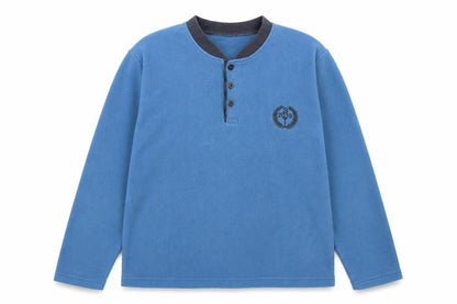 Front view of Sude men’s blue pullover sweatshirt, size L