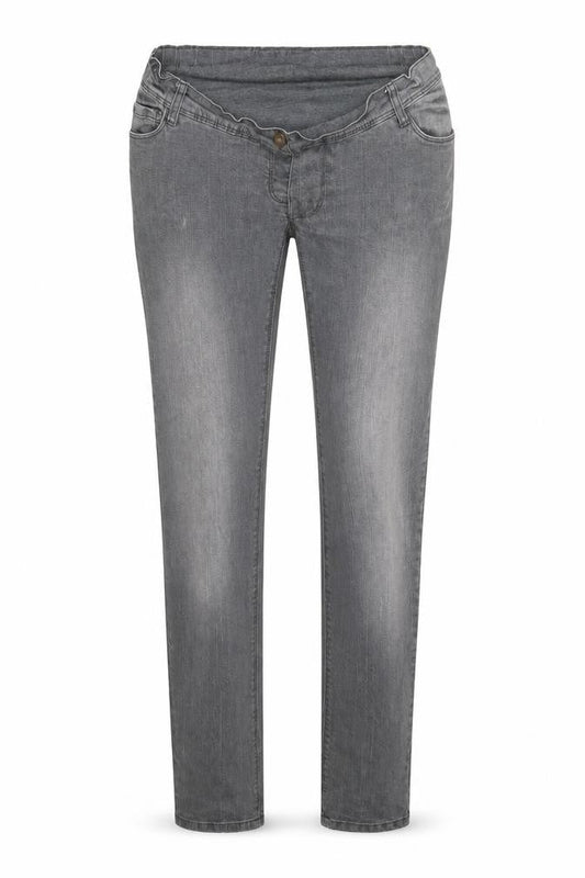 Front view of LOVE TO WAIT women’s grey denim mom jeans, size UK 30, in, 32-inch leg