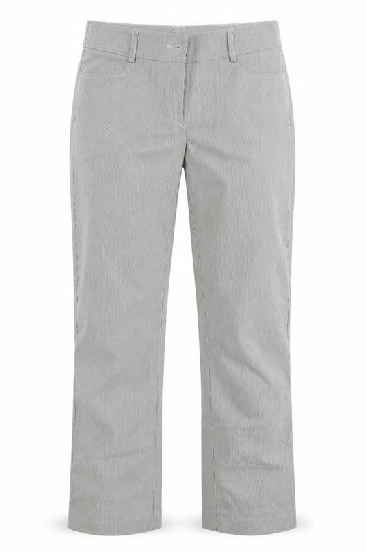 Front view of Absolu women’s grey striped trousers, size UK 30, in, 32-inch leg