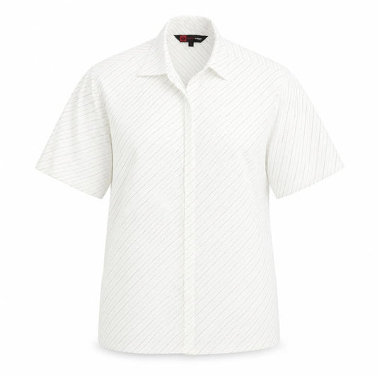 Front view of Cutting Edge women’s ivory striped basic button-up, size M