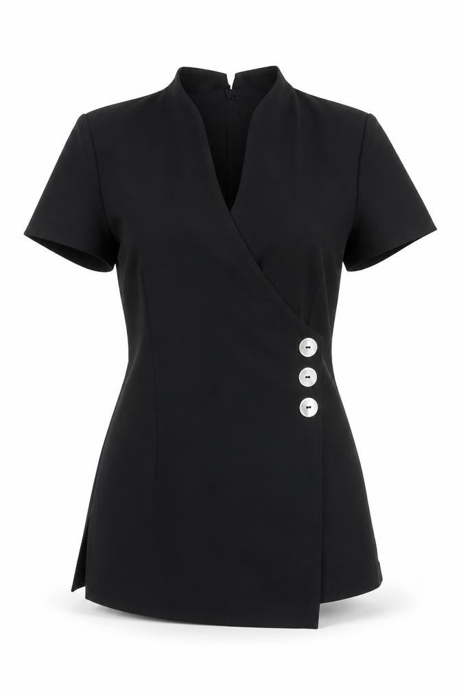 Front view of FlorenceRoby women’s black basic blouse, size UK 8