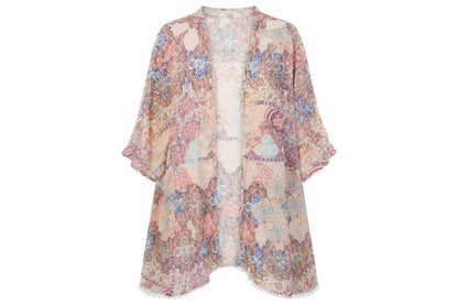 Front view of New Look women’s pink geometric cardigan jumper, size UK 8