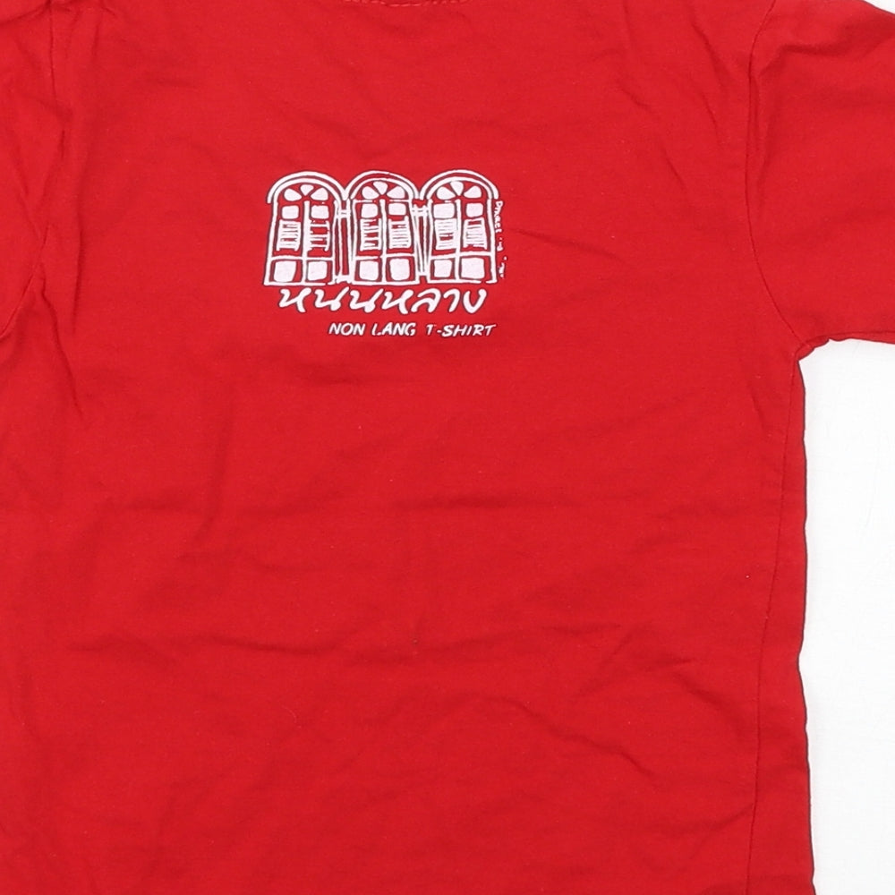 Brand and care label for Preworn girls’ red basic t-shirt, size XS