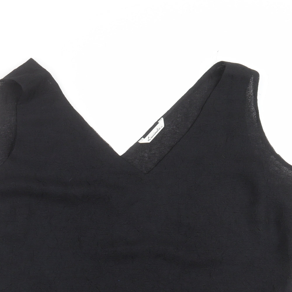 Close-up detail of lucinda women’s black basic blouse, size UK 20