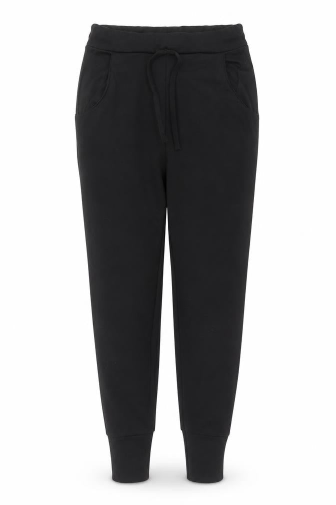 Front view of Preworn women’s black jogger trousers, size S, 27-inch leg