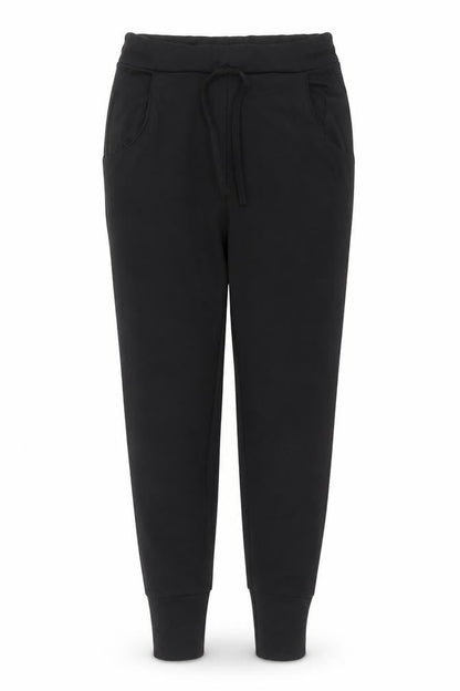 Front view of Preworn women’s black jogger trousers, size S, 27-inch leg