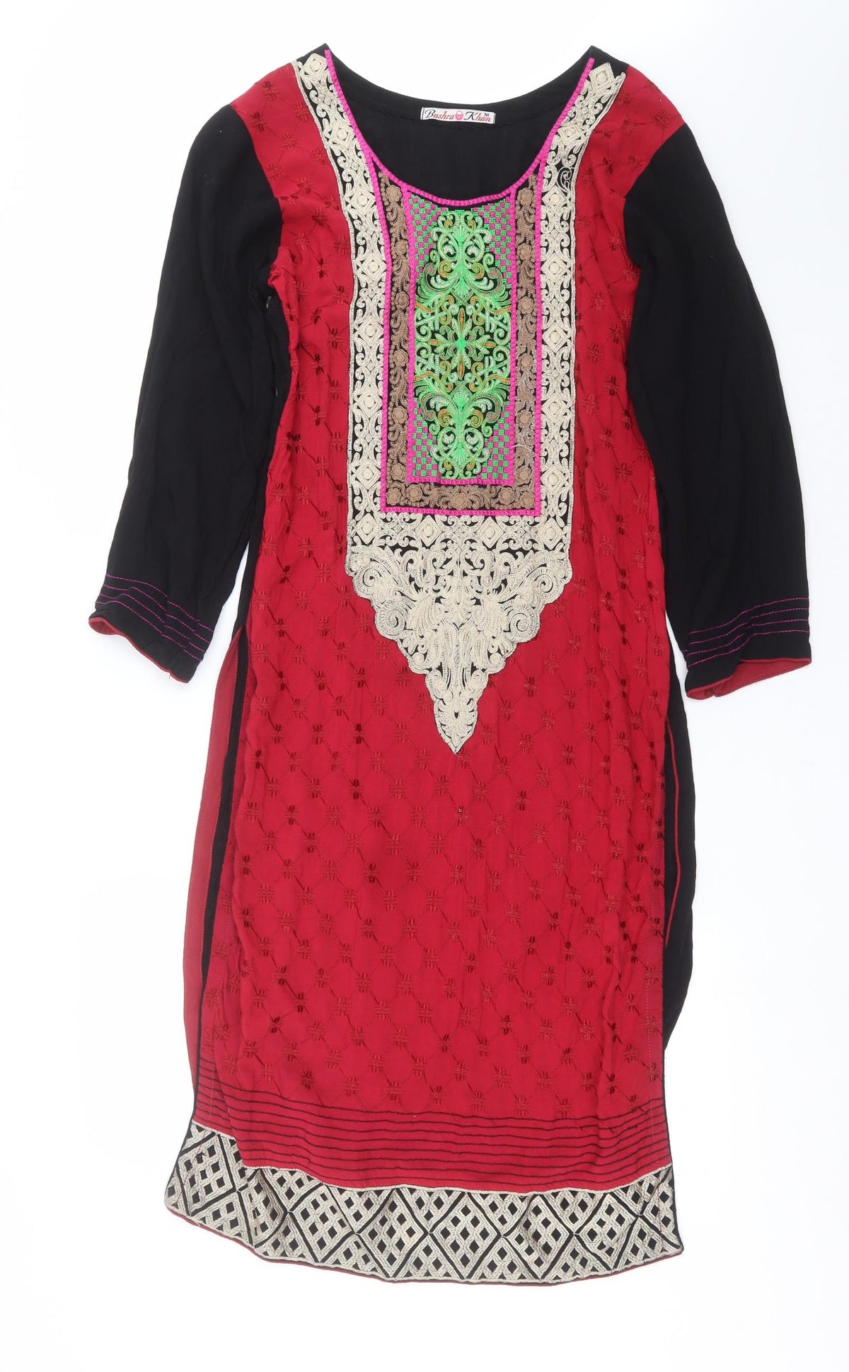 Additional front view of Bushra Khan women’s red geometric shift, size M